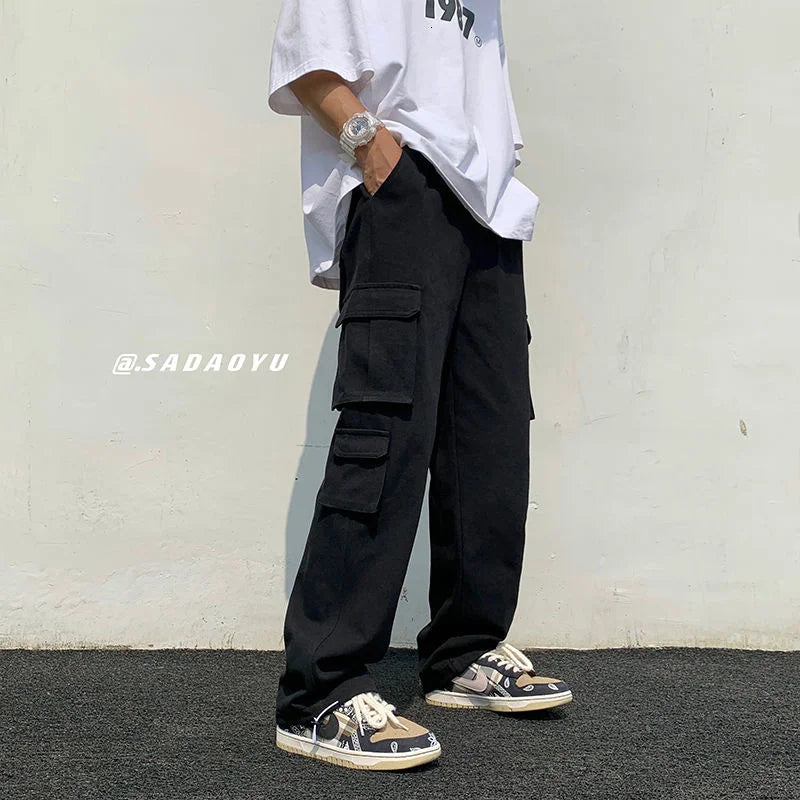 Black/White Cargo Pants Men Fashion Loose Straight Wide Leg Pants