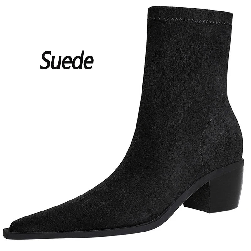 Suede Women Ankle Boots Autumn Shoes Pointed Toe Boots Thick Heel Short Boots