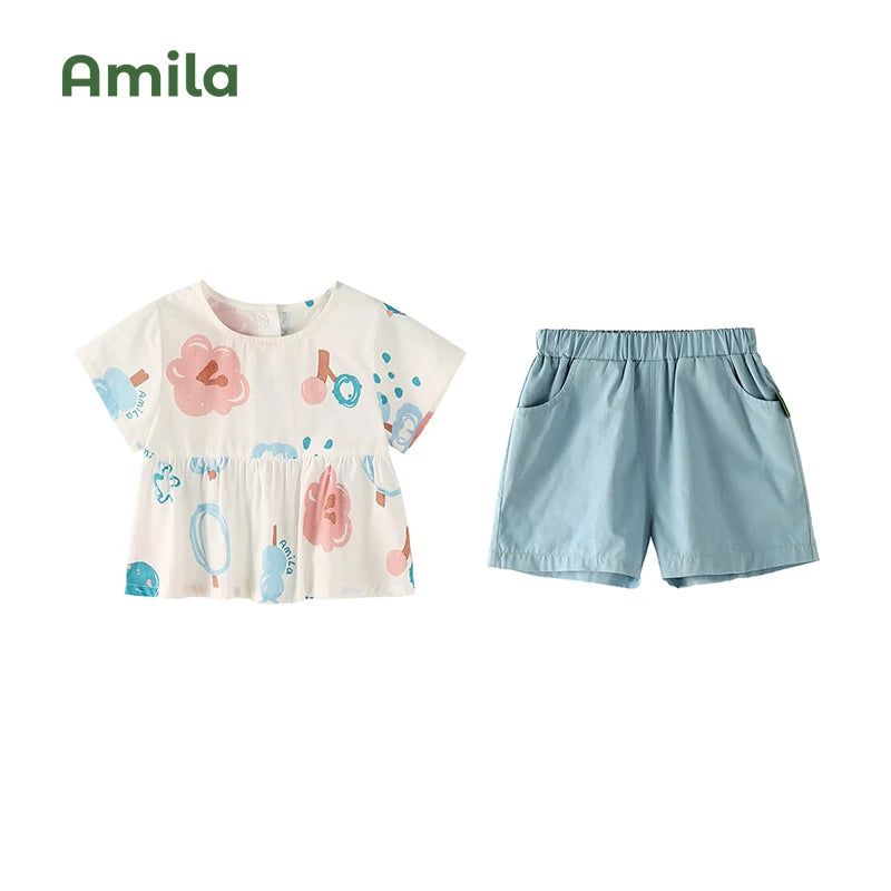 Amila Kids' 2023 Summer New  Baby Girls`Suit Cotton Light Shorts