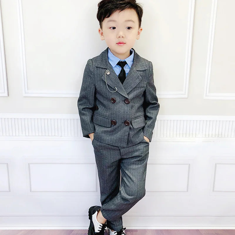 Flower Boys Formal Dress Suit Set Autumn Children Plaid Double Breasted Blazer