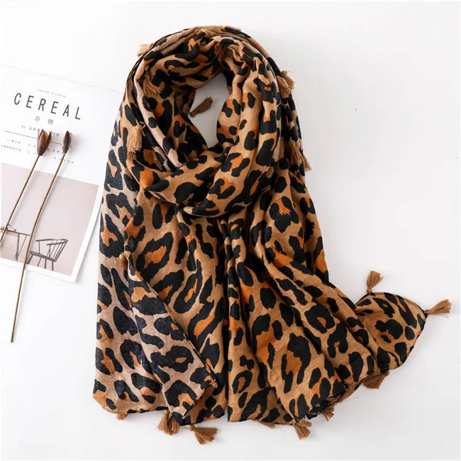 Autumn Winter Leopard Dot Tassel Viscose Shawl Scarf Women Print Neckerchief