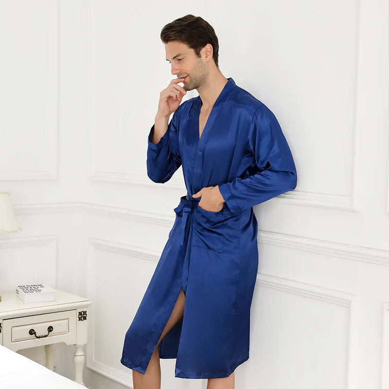 Blue Chinese Men Silk Rayon Robe Summer Casual Sleepwear V-Neck