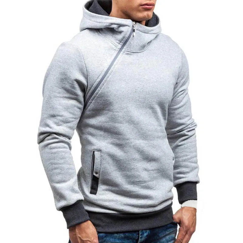 New Casual Solid Mens Hoodies Diagonal Zipper Long Sleeve Hoodie Sweatshirts Men