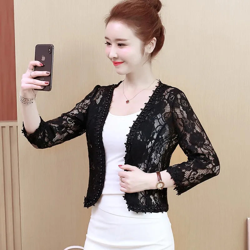 Chaquetas Mujer 2023 Short Jacket Women Hollow Out Lace