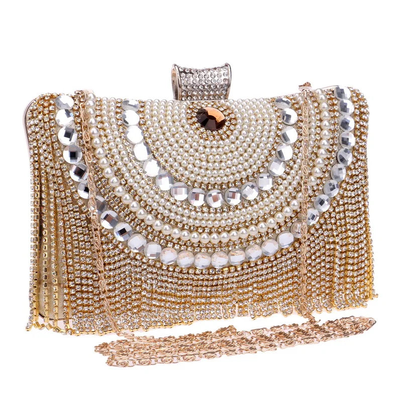 Rhinestones Tassel Clutch Diamonds Beaded Metal Evening Bags Chain Shoulder