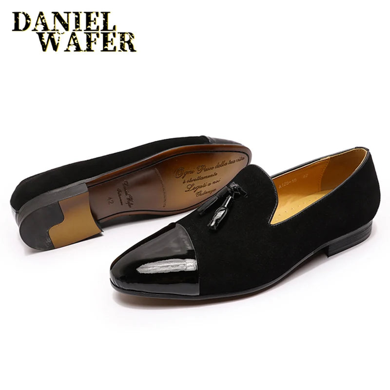 Luxury Loafers Elegant Mens Dress Wedding Office Shoes Suede Patchwork Patent