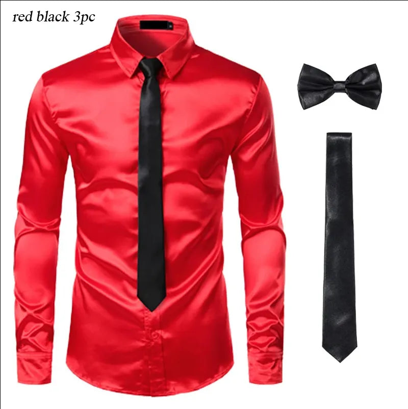 Black Mens Silk Dress Shirts 3Pcs(Shirt +Tie+Bowtie) Smooth Satin Shirt