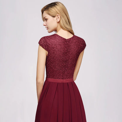 Charming Burgundy Lace Chiffon Long Evening Dress Elegant Short Sleeve Evening