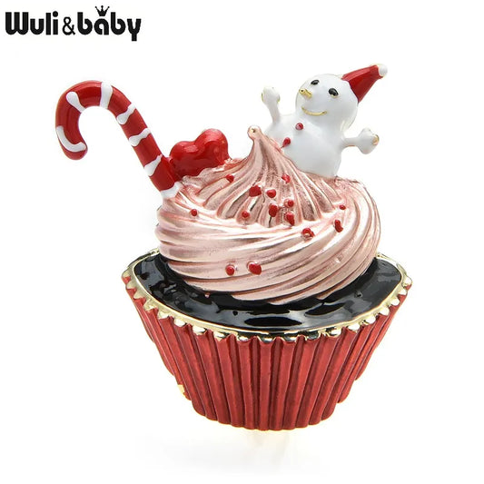 Wuli&baby Christmas Cup Cake Brooches New Year Enamel Snowman Dessert Gifts