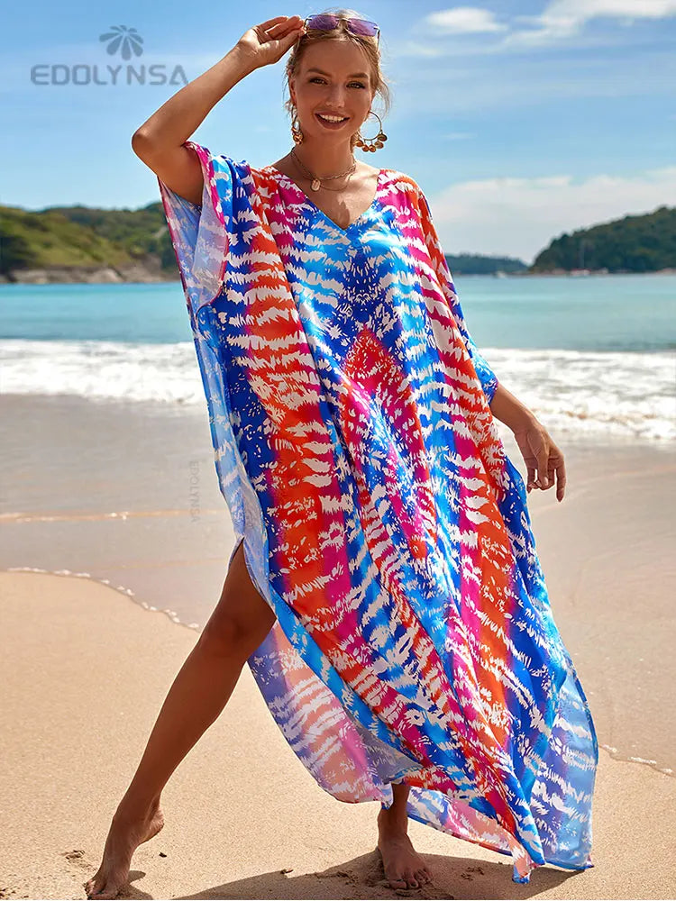 2023 Multicolored Kaftan Bohemian Printed V-Neck Batwing