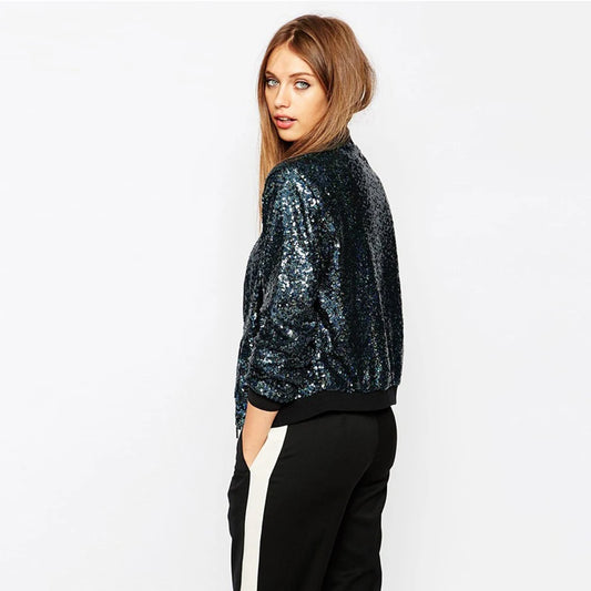 Women Sequin Coat Bomber Jacket Long Sleeve Zipper