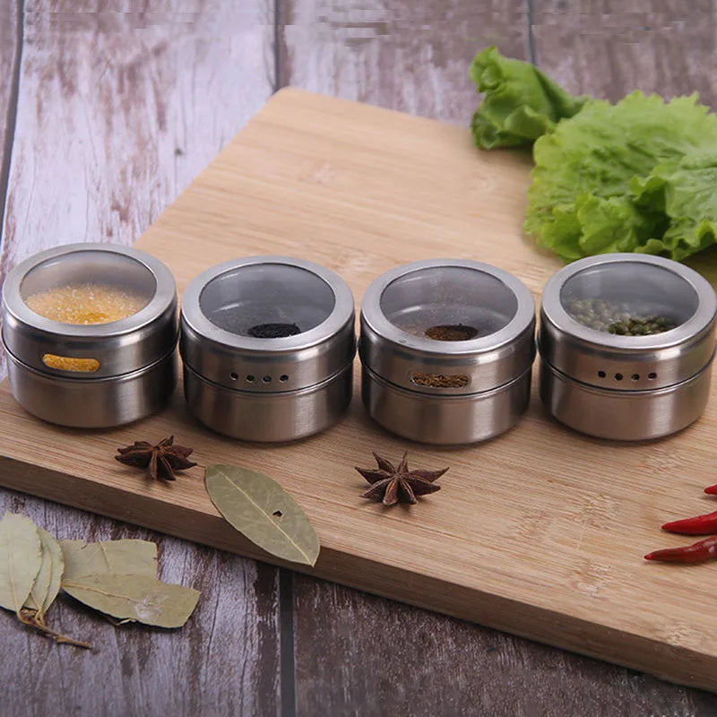 6pcs/Set Magnetic Spice Tin Jar With Rack Stainless Steel Spice Sauce Storage