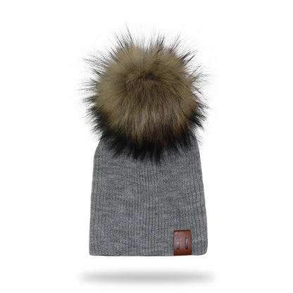 Winter Kids Boy Girl Leather Labled Knitted Artificial Raccoon Pompom Hat