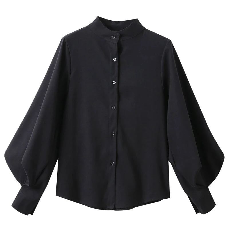 Big Lantern Sleeve Blouse Women Autumn Winter Single Breasted Stand Collar