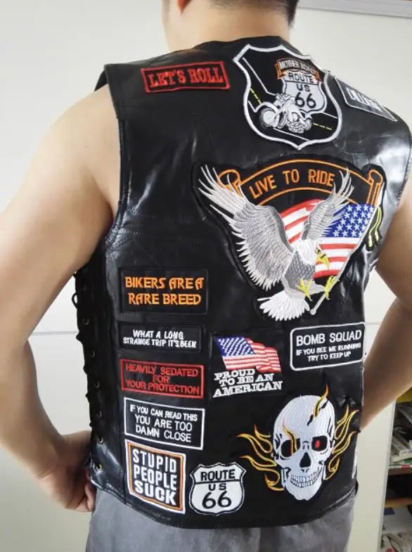 Mens Black Genuine Leather Motorcycle Vest W/ 42 Patches US Flag Eagle