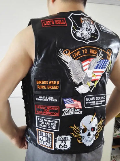 Mens Black Genuine Leather Motorcycle Vest W/ 42 Patches US Flag Eagle