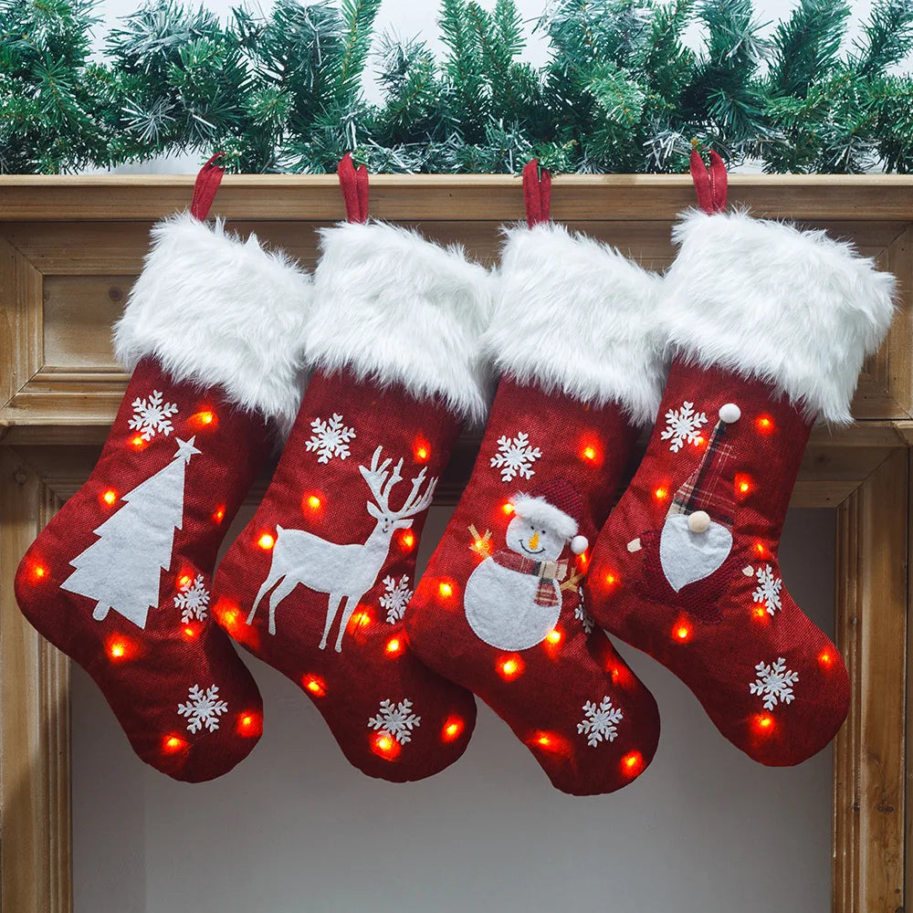 1Pc LED Christmas Socks Red Snowflake Luminous Christmas Knitting Stocking