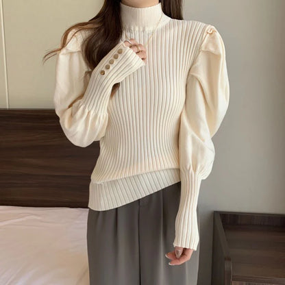 Biyaby Women's Turtleneck Sweaters Pullovers Korean Chic Puff Sleeve Knitted