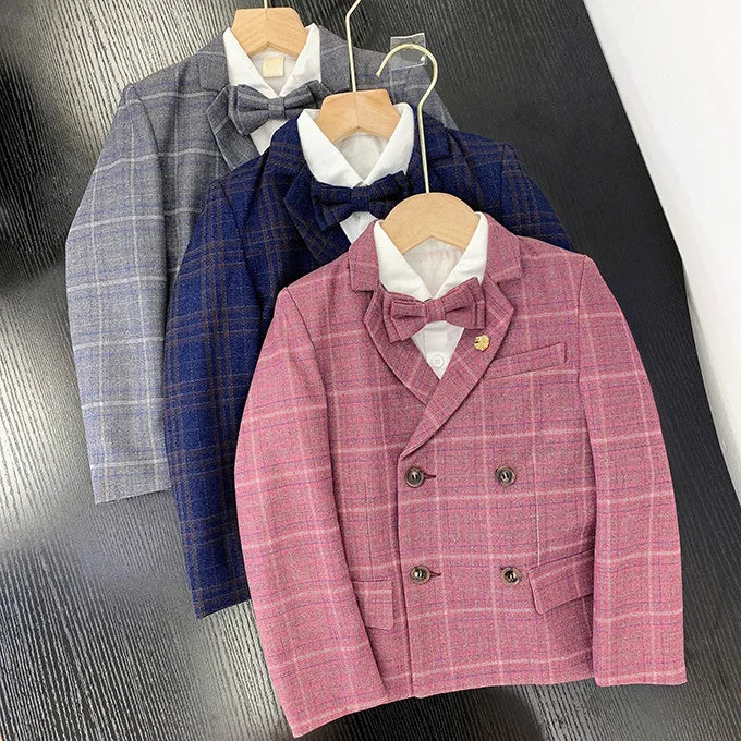 Flower Boys Formal Dress Suit Set Autumn Children Plaid Double Breasted Blazer