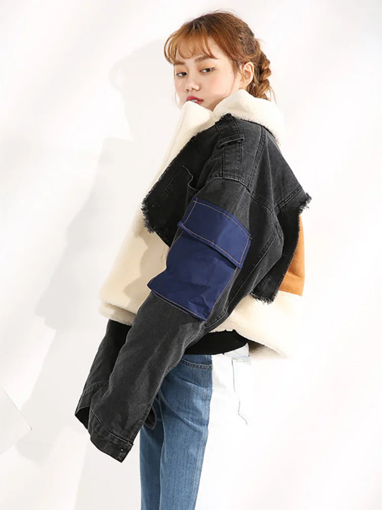 DEAT 2024 Autumn Sheep Fur Turn-Down Collar Full Sleeves Denim Blue