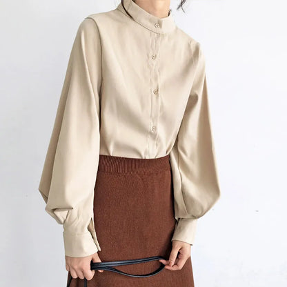 Big Lantern Sleeve Blouse Women Autumn Winter Single Breasted Stand