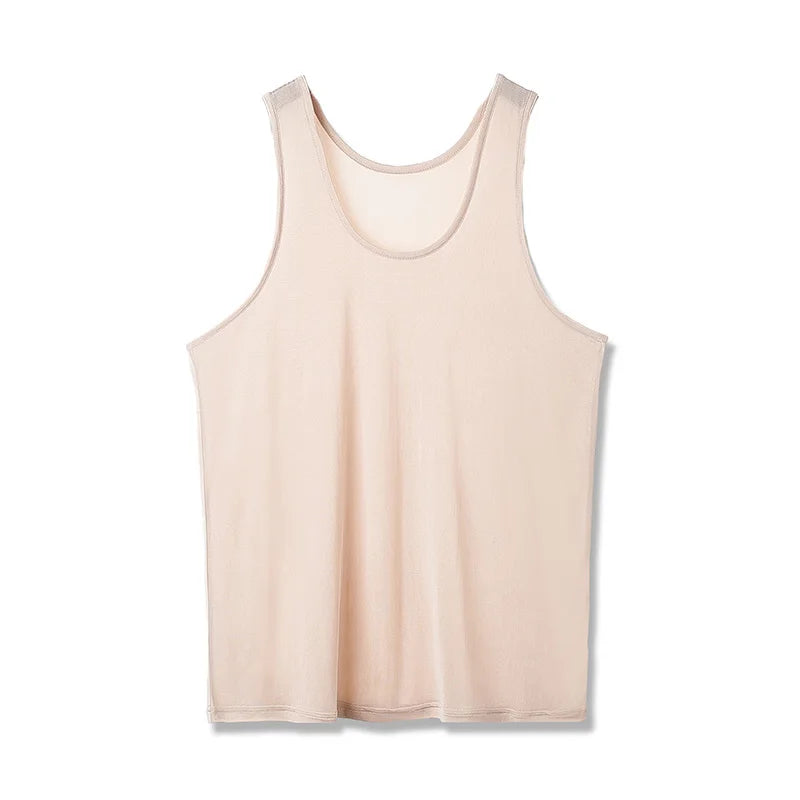 Men Tank Tops 100%Real Silk Solid Tanks for Men O Neck Vest