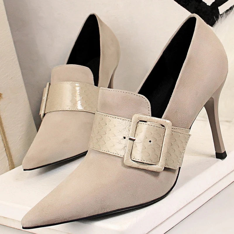 BIGTREE Serpentine Pumps Belt Buckle High Heels Suede Women Heel 9.5 Cm Shoes