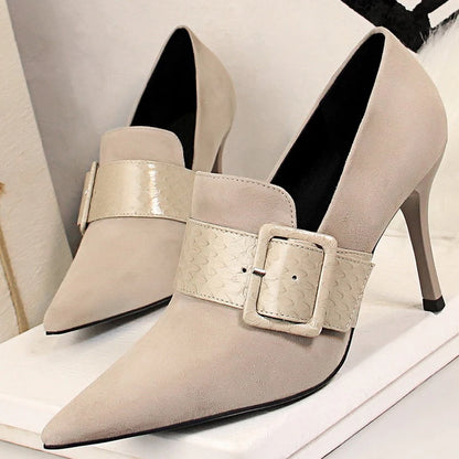 BIGTREE Pumps Belt Buckle High Heels Suede Women Shoes 9.5 Cm Sexy Heel Shoes