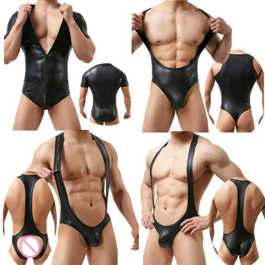 Mens Bodysuit Sexy One-Piece Jumpsuits PU Leather Catsuit Gay Jockstrap