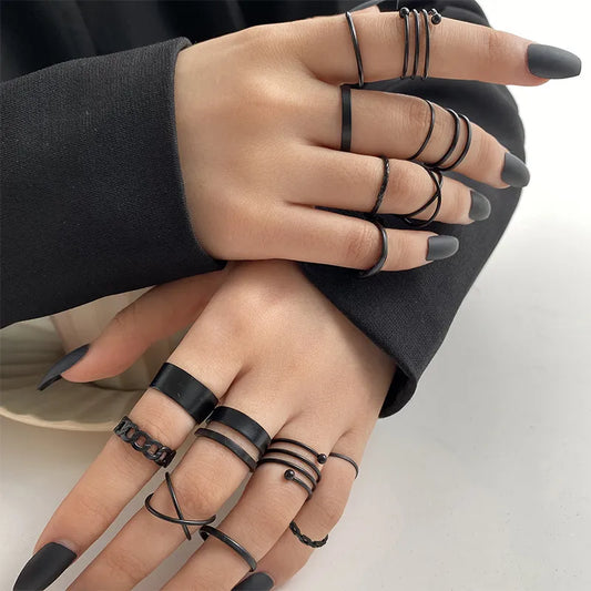 17KM Punk Finger Rings Set Gothic Geometric Ring for Women Black Color Rings