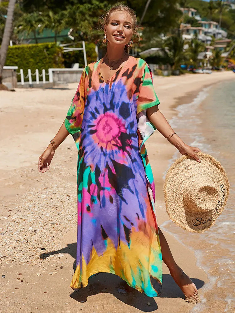 2023 Multicolored Kaftan Bohemian Printed V-Neck Batwing