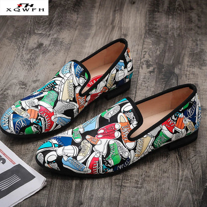 Brand Men Shoes Fashion Print Men Feast Banquet Dress Leather Shoes Individual