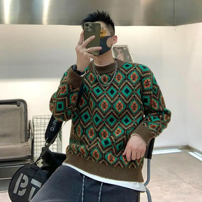 Man Clothes Graphic Crewneck Knitted Sweaters for Men Round Collar Argyle