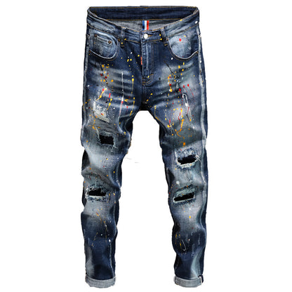 Mens Jeans for Men Stylish High Street Potholes Patch Graffiti Slim Stretch