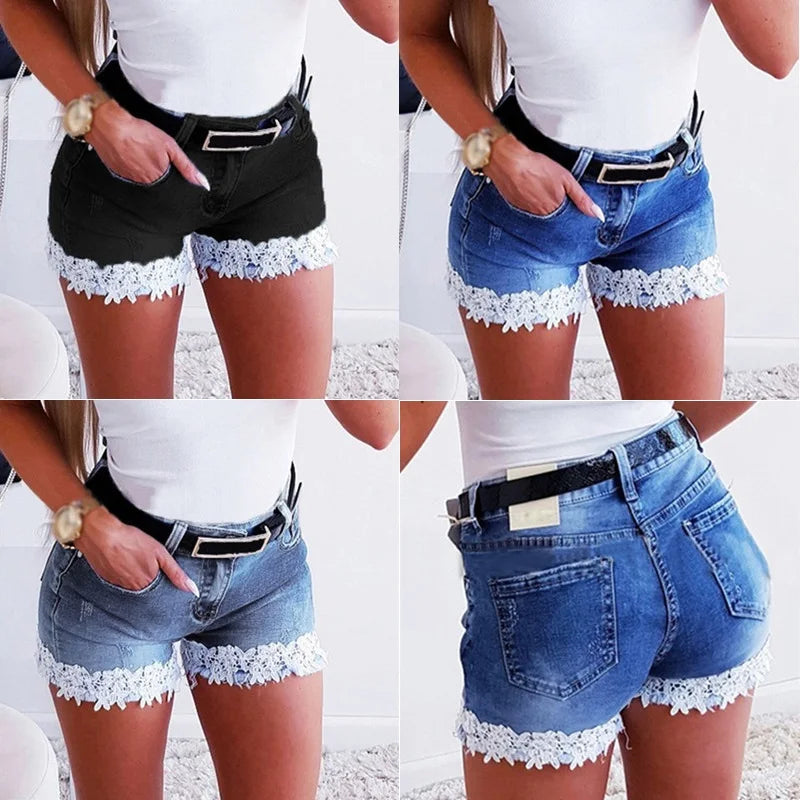 Women Slim Denim Shorts Stretch Lace Stitching Jeans Shorts Regular Short