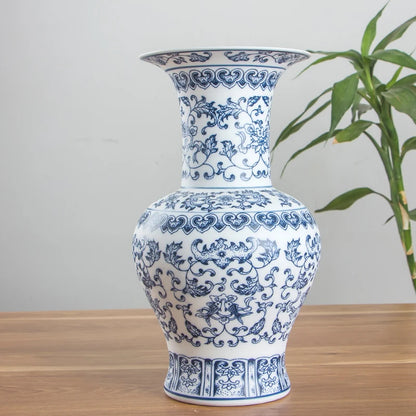 No Glazed Blue and White Porcelain Vases Interlocking Lotus Design Ceramic Vase