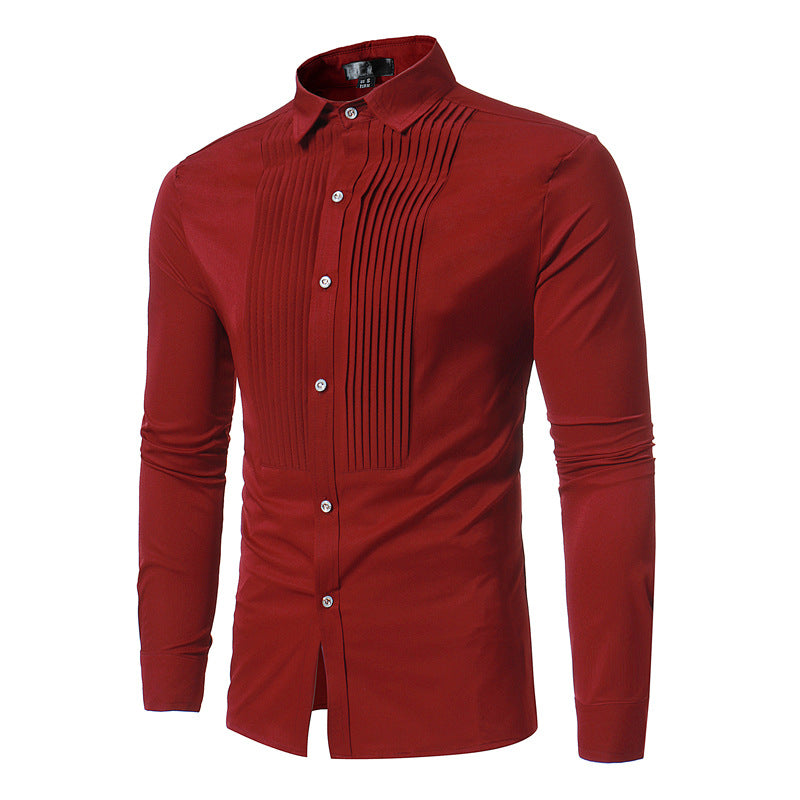 Fashion Long Sleeve Shirt Solid Slim Fit Male Social Casual Business Pleated