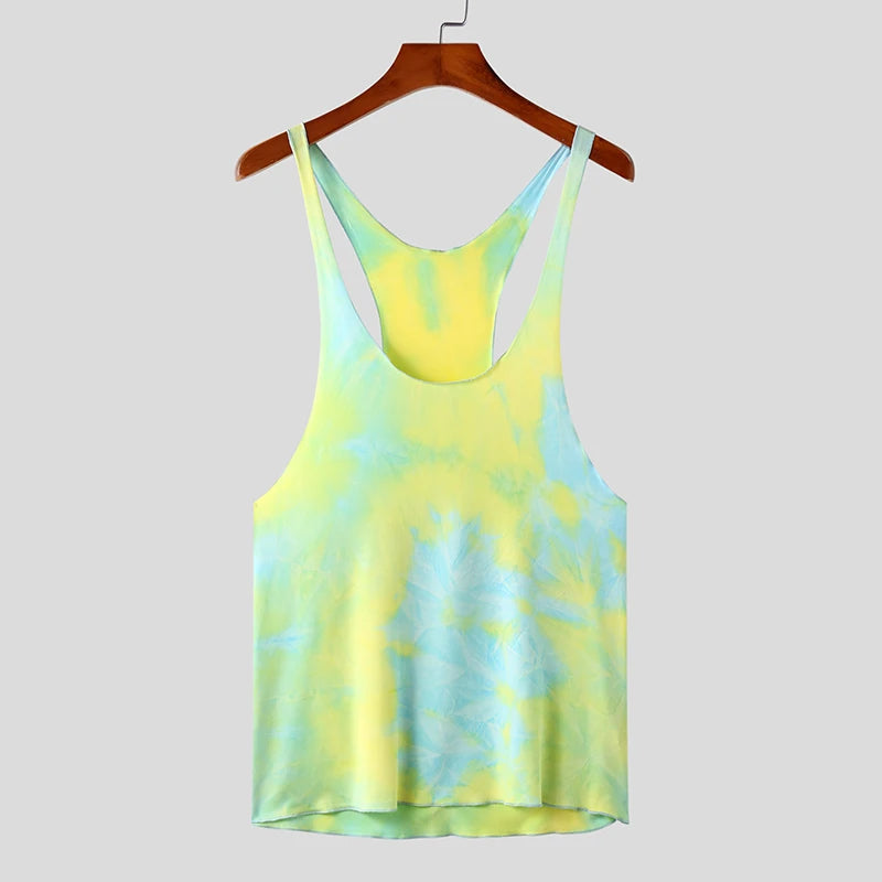 Men Tank Tops Tie Dye O-Neck Sleeveless Streetwear Vests Sexy Breathable