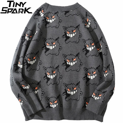 Men Knitted Sweater Hip Hop Streetwear Devil Print Pullover