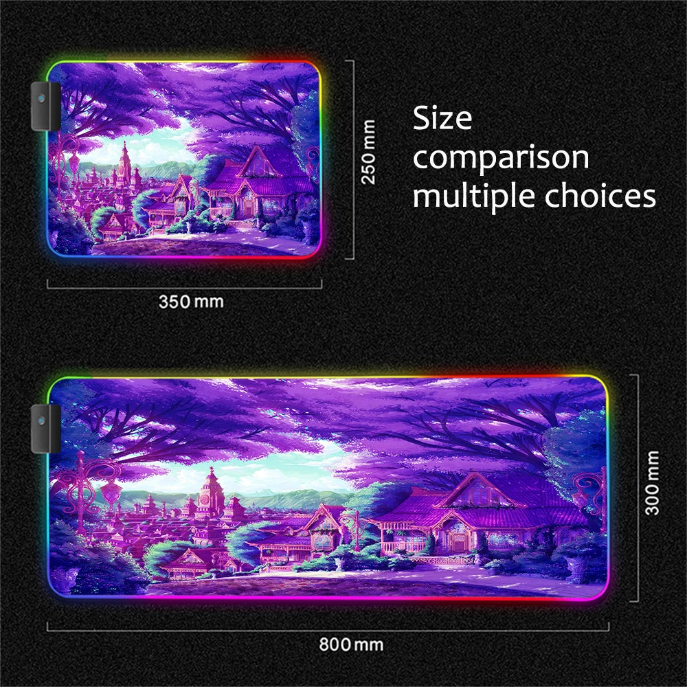 Purple Background Anime City Gaming Mouse Pad RGB Laptop With USB Luminous LED