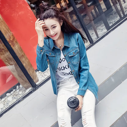 Jeans Shirt Women Long Sleeve Slim Casual Vintage Elastic Ladies Denim Shirts