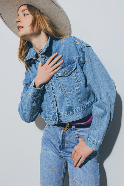 Cropped Denim Jacket With Embellished Hearts in Mid Wash