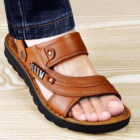 Men's Beach Shoes Sandals Cow Quality Genuine Leather Non-Slip Men's Slippers