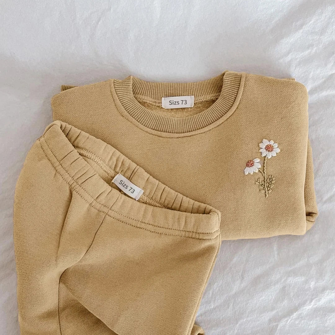 Baby Girls Clothes Set Fleece Embroidery Daisy Pullover Sweatshirt+Jogger Pants