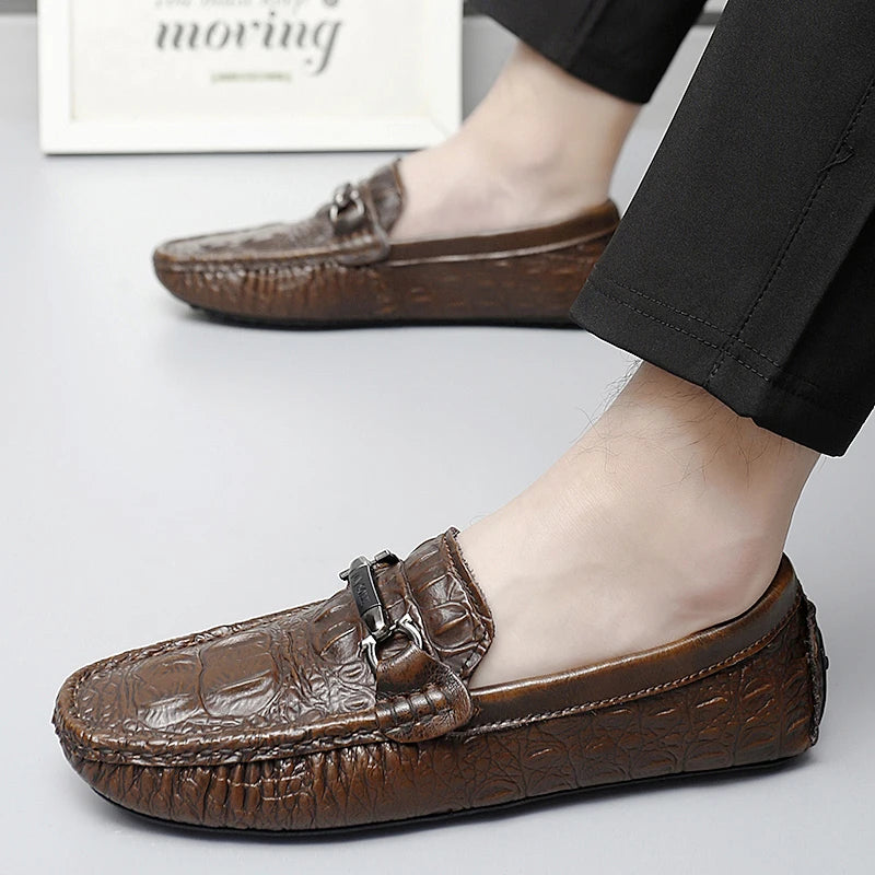 Mens Slip on Moccasins Men's Crocodile Pattern Loafers Genuine Leather Summer