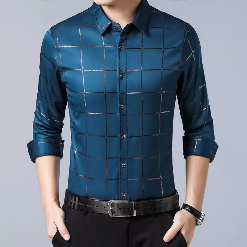 2022 Brand Casual Spring Luxury Plaid Long Sleeve Slim Fit Men Shirt