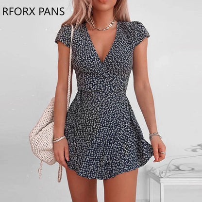 Women V-Neck Floral  Short Sleeve Mini Dress  Elegant Bodycon Sexy Casual  Dress