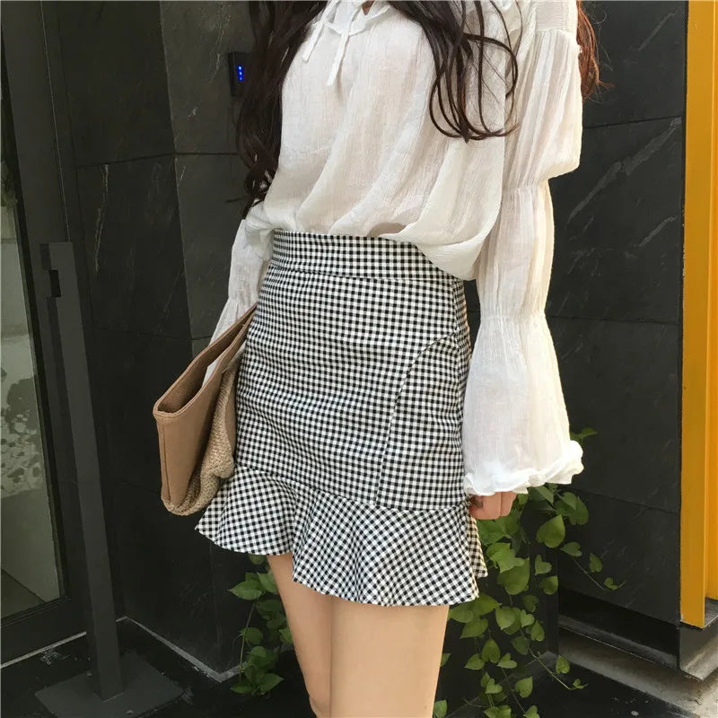 Skirts Women Plaid Trumpet High Waist Mini Skirt Retro Korean Style