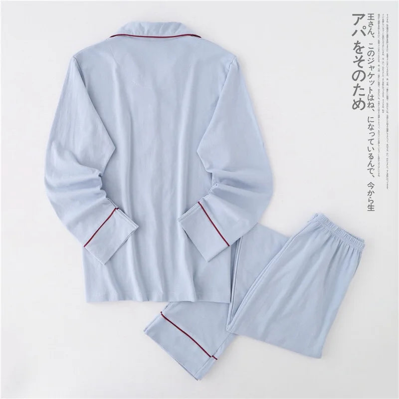 Casual Couple Solid 100% Cotton Pajamas Sets Men Autumn Long-Sleeve Sleepwear