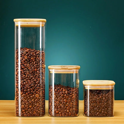 Square Glass Storage Jars With Bamboo Lid for Coffee Beans Grains Food Storage